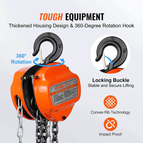 1 Ton Hand Chain Hoist 20 Ft Lift 2200 Lbs G80 Galvanized Chain with 360 Hook and Double Pawl Brake, front view