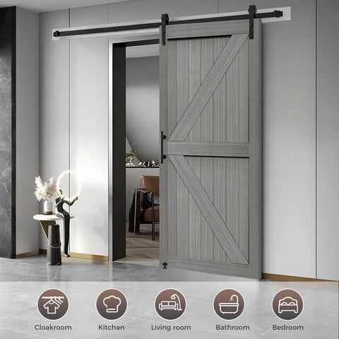 32x84 Inch MDF Light Gray Barn Door With 6.6 Ft Sliding Hardware Kit, Waterproof PVC Double-Sided Slab, Easy Assembly