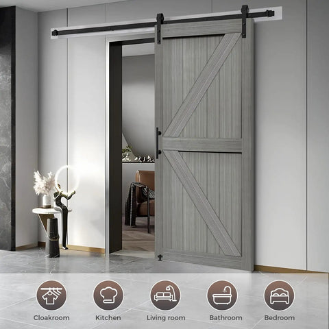 Top Tier Sliding Barn Door Measures 32 By 84 Inches In Striking Elephant Gray Solid Mdf Panel With Tough Waterproof Pvc Coat.