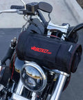 Ride Ready 48 Piece Motorcycle Tool Kit in a compact roll up mounted on a Harley Davidson front handlebar for quick roadside fixes