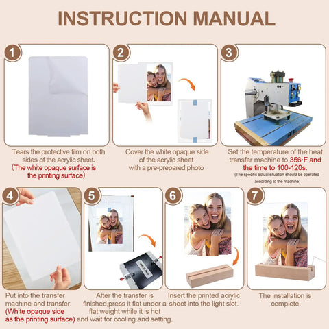 Instruction manual for 2 Pack 5x7 Sublimation LED Acrylic Photo Frames Night Lights Heart Shape With Warm Color Light And Wood Stand