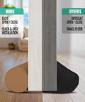 Image comparing adjustable under door draft stopper in deep brown to black version, highlighting easy open/close features.