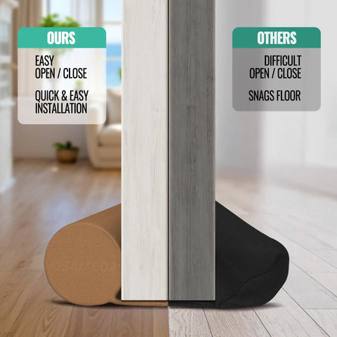 Image comparing adjustable under door draft stopper in deep brown to black version, highlighting easy open/close features.