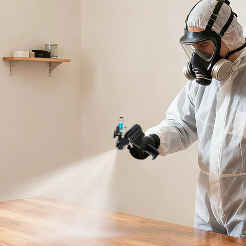 User spraying with Heavy Duty PU Foam Spray Gun With Air Purge And Slick Self Cleaning Point Zero Zero Four Nozzle on a wooden table.