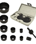 Hole Saw Kit For Wood Durable Carbon Steel With High Precision Cutting Teeth Includes Mandrel Hex Key And Case displayed open