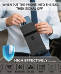 Man placing phone into Go Dark Faraday Bags For Phones 2 Pack Signal Blocking Case For Cellular WiFi Bluetooth GPS And RFID Privacy Shield Pouch Built For Real Privacy Protection And Fast Data Security On Your Mobile Devices