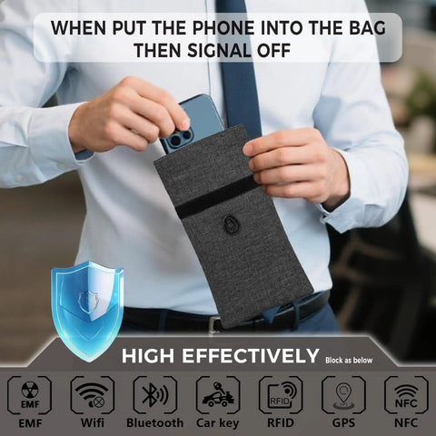 Man placing phone into Go Dark Faraday Bags For Phones 2 Pack Signal Blocking Case For Cellular WiFi Bluetooth GPS And RFID Privacy Shield Pouch Built For Real Privacy Protection And Fast Data Security On Your Mobile Devices