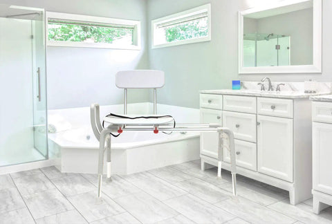 Ergo Sliding Bathtub Transfer Bench And Shower Chair with height adjustable frame in modern bathroom