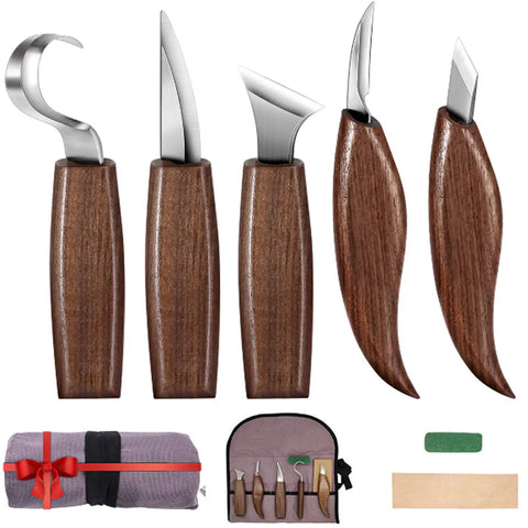 7 In 1 Wood Carving Tool Set For Beginners Featuring Hook Knife, Grain Tool, Oblique Tool, wood handles, storage bag shown