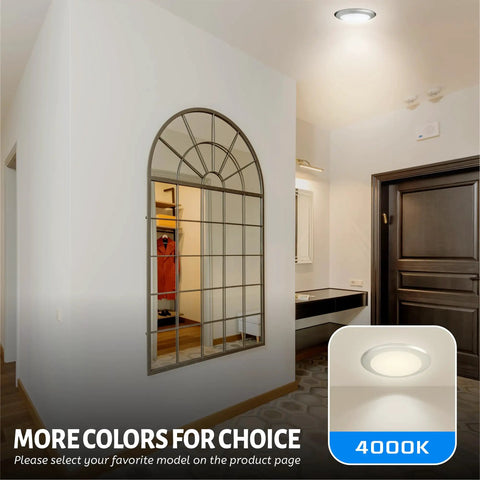 Room with 6 Inch LED Flush Mount Disc Light dimmable ceiling fixture, 4000K cool white, sleek low profile, brushed nickel finish.