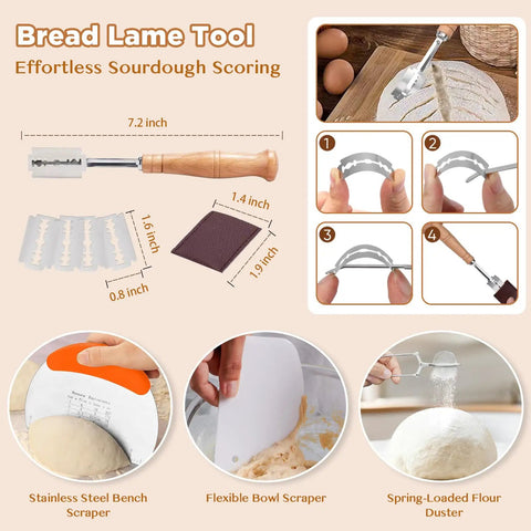 Sourdough Starter Kit With Banneton Proofing Baskets And Glass Starter Jar Pro Grade Bread Making Tools featuring lames, scrapers, and flour duster for home bakers.