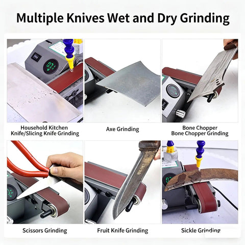 Electric 350W Digital Belt Sander And Knife Sharpener With Variable Speed And Adjustable Angle Includes Ten Sanding Belts For Wet Or Dry Use A Straight Up Game Changer For Metal Polishing And Do It Yourself Edge Prep, showcasing various knife and tool grinding applications.