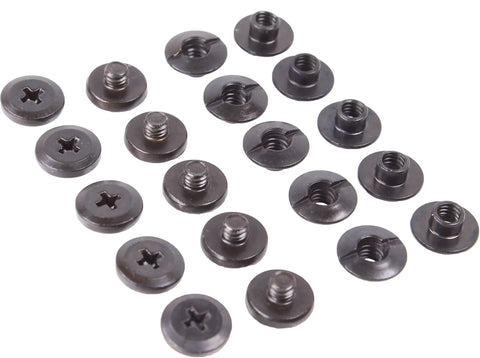 Heavy Duty Black Chicago Screws And Binding Posts For Leather Straps And Belts With Thru Hole Open Slot Design Perfect For Kydex Holster Repair And Rivet Replacement Built Damn Tough For Serious Grind Work Made In Usa Ten Pack - Close-up of black binding posts.