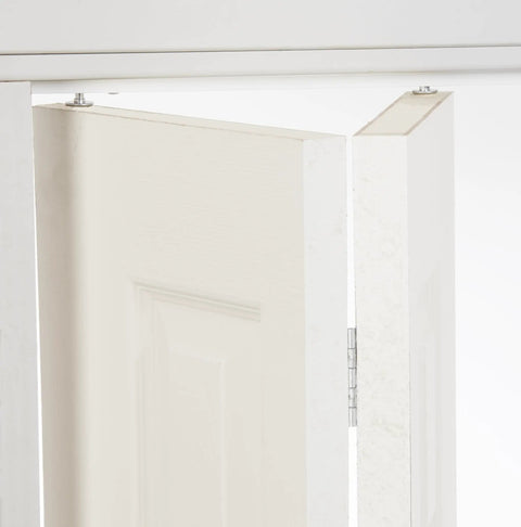 Bifold Door Hardware Kit 36 Inch Steel Track Surface Mount White Complete Folding Closet Door Set Up To 30 Lbs Per Door Four Way Adjustable For Smooth Operation installed on a door.