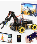 Programmable Robotic Arm Kit With 5DOF For Kids And Teens, ESP32 Arduino Python Blockly Coding, App Control And Remote, STEM DIY Gift For Ages 8-16 And Up, Learn To Grab, Lift, And Place Objects. ACEBOTT smart car kit shown with app and tablet