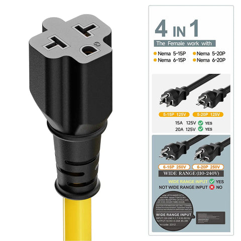 Beefy 12AWG 15A To 20A 125V 250V 4-In-1 AC Power Adapter Cable NEMA 5-15P To 5-15R 5-20R 6-15R 6-20R 1-Foot close-up.