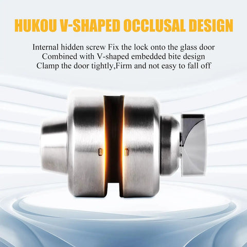 Hella Secure Stainless Steel Glass Door Lock With Double Bolt Build and Sleek Push Slider Mechanism for Eight To Twelve Millimeter Frames, showing V-shaped design.