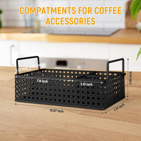 Metal Coffee Bar Organizer With Handles A Space Saving Countertop Station For Coffee Pods Stirrers Sugar Packets Straws And Tea Condiments In Sleek Mesh Black Finish With Durable Iron Build