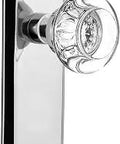 New York Plate With Round Clear Crystal Glass Knob, Passage Door Hardware Set, 2 3 8 Inch Backset, Bright Chrome Finish