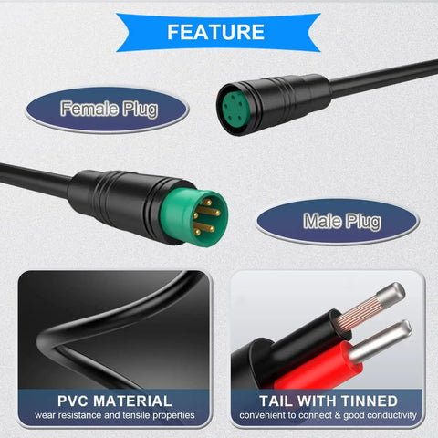 5 Pin IP66 Waterproof Ebike Extension Cable Kit showing male and female Julet connectors with PVC material and tinned tail
