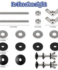 Universal Toilet Tank To Bowl Bolt Repair Kit Four Piece Solid M8 Silver Hardware with bolts, washers, and nuts for plumbing.