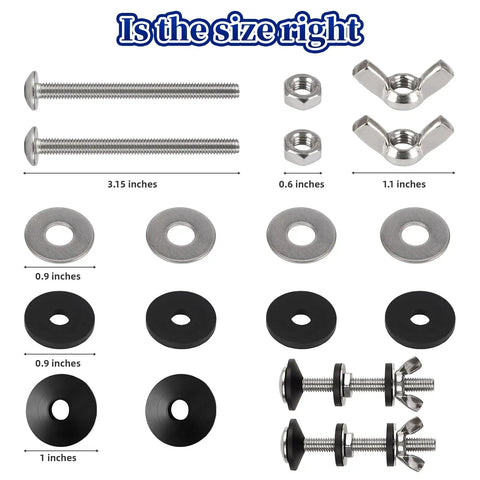 Universal Toilet Tank To Bowl Bolt Repair Kit Four Piece Solid M8 Silver Hardware with bolts, washers, and nuts for plumbing.