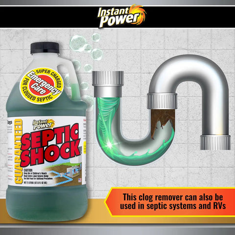 Septic Tank Shock Treatment Liquid Clog Remover Safe For Septic Systems And RVs Clears Drains In Minutes Pour Directly Into Toilet Liquefies Organic Material Treats Up To 1500 Gallons 67.6 Fl Oz bottle beside pipe illustration with organic clog.