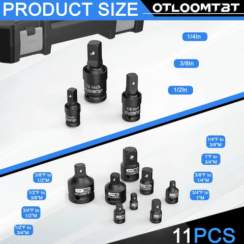 11 Piece Impact Socket Adapter And Swivel Socket Set In Chrome Moly Steel with full size adapters from one quarter to one inch