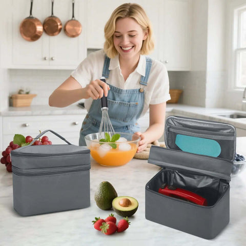 Swanky Double Layer Hand Mixer Case And Immersion Blender Storage Bag With Solid Carry Handle in gray, used for organizing kitchen mixing gear.