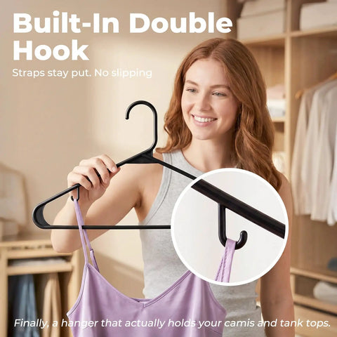 Heavy Duty Slim Closet Hangers 60 Pack Black Plastic Storage, Non Slip J Hook Keeps Delicate Straps Locked Down Tight, Space Saving Design For Cramped Wardrobes, Solid Garment Organizer Game Changer