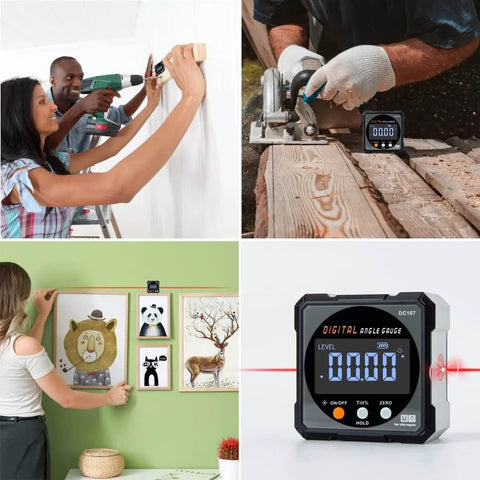 Digital Angle Finder With Laser And Magnetic Cube Protractor For Woodworking, Backlit Handy Inclinometer Gauge in use.