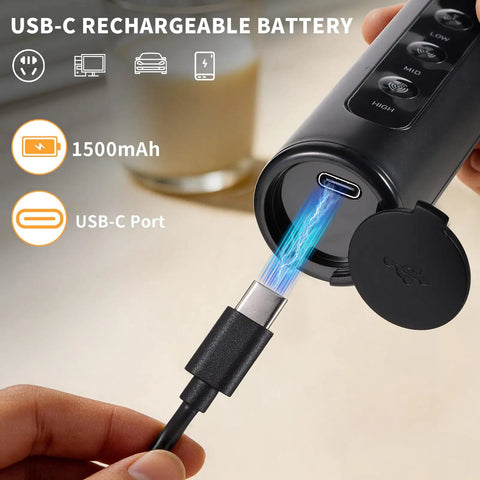 USB-C port of Rechargeable Handheld Milk Frother With Stand 3 Speeds And 3 Detachable Stainless Steel Whisks Electric Drink Mixer