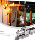 Retro Steam Locomotive Desk Decor for Home Office, silver vintage model train ornament with wheels, on desk display