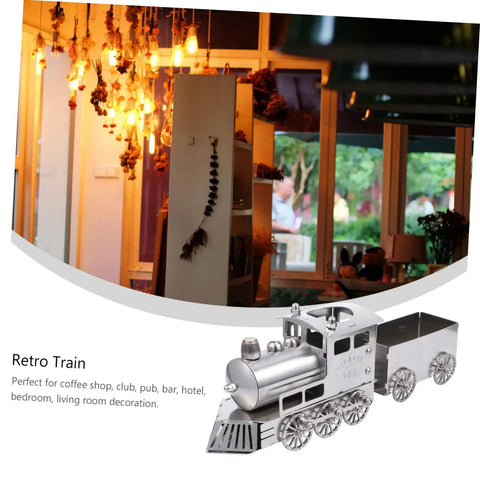 Retro Steam Locomotive Desk Decor for Home Office, silver vintage model train ornament with wheels, on desk display