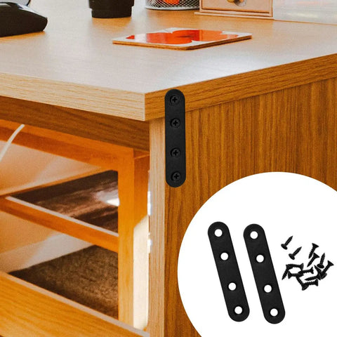 12 Piece Premium Steel Heavy Duty Black Straight Corner Braces With Matching Screws For Rock Solid Furniture Repair And No Fuss Diy Assembly Build installed on desk corner