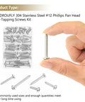 Heavy Duty Size 12 Phillips Pan Head Self Tapping Screw And Wood Screw Assortment Kit with stainless steel screws in hand