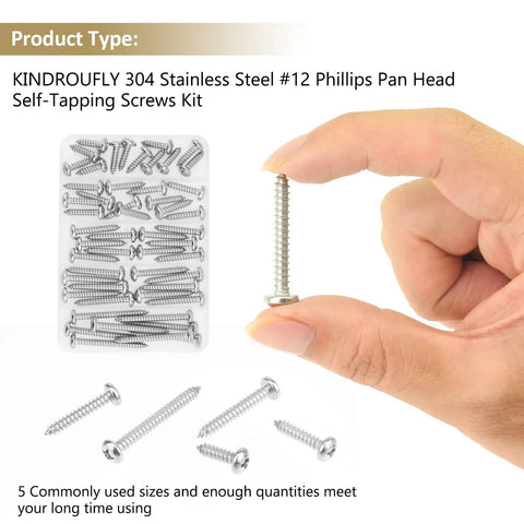 Heavy Duty Size 12 Phillips Pan Head Self Tapping Screw And Wood Screw Assortment Kit with stainless steel screws in hand