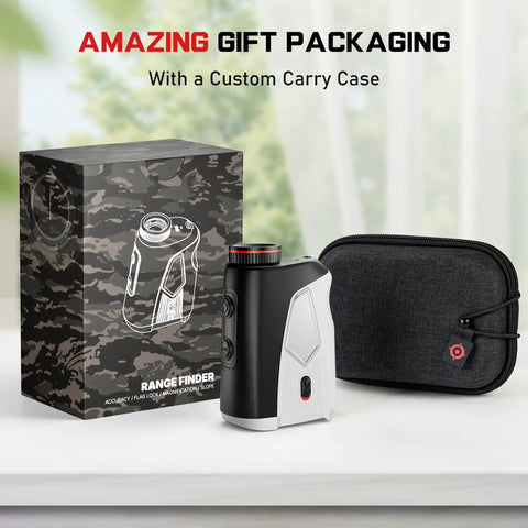 Upgraded 0.5 Second Pin Lock Golf Rangefinder With Slope displayed with gift packaging and custom carry case