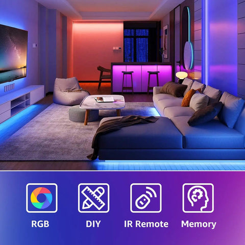 Living room with ambient lighting from 50Feet USB RGB LED Strips With Music Sync Bluetooth IR Remote Smart App under TV and sofa.