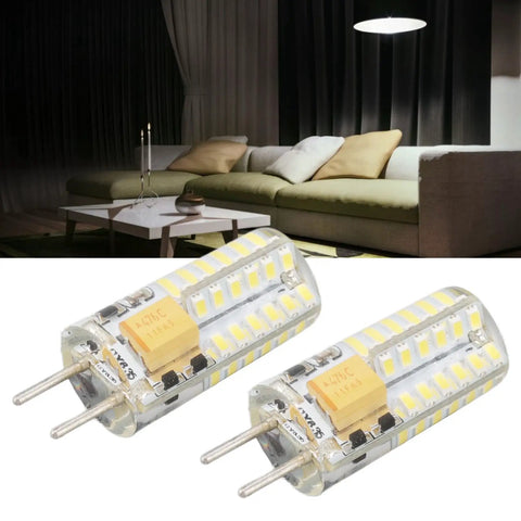 Top Tier 12V GY6.35 Bi Pin Led Bulb 3W 48 Smd Chips Cool White 6000K Energy Saving Crystal Chandelier Lighting 2 Pack displayed in cozy living room.