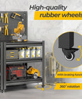 Heavy Duty 1000 Pound Rolling Workbench With Removable Pegboard And Smooth Rolling Tool Cart For Garage Shop Setup Steel welding surface features high-quality rubber wheels with braking function.