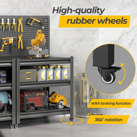 Heavy Duty 1000 Pound Rolling Workbench With Removable Pegboard And Smooth Rolling Tool Cart For Garage Shop Setup Steel welding surface features high-quality rubber wheels with braking function.