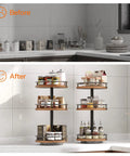 Before and after image showcasing 3-Tier Lazy Susan Organizer With Rotating Turntable Spice Rack on kitchen countertop.