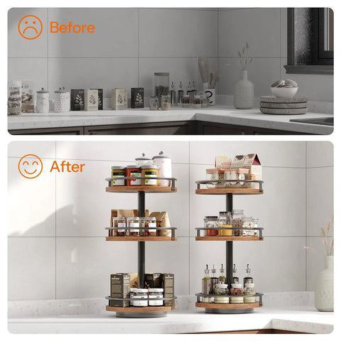 Before and after image showcasing 3-Tier Lazy Susan Organizer With Rotating Turntable Spice Rack on kitchen countertop.