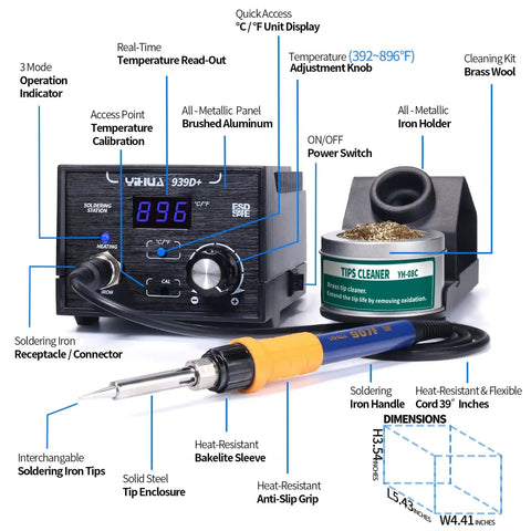Digital Soldering Station With Temperature Control And Celsius Fahrenheit Display 75 Watt Equivalent ESD Safe Aluminum Panel Burn Resistant Build Includes Pro Grade Solder Tips Lead Free Solder And Extras For Electronics with labeled features.