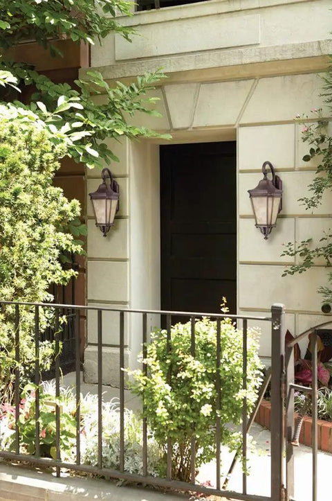Bronze Outdoor Wall Lantern With Two Lights In Cotswold Lane Style, Aluminum Construction For Wet Or Damp Areas, UL Listed For Outdoor Use