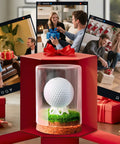 Hole In One Golf Ball Display Case With Crystal Clear Glass Stand, Premium Cork Base, Lifelike Turf, And Plastic Tee gift setup