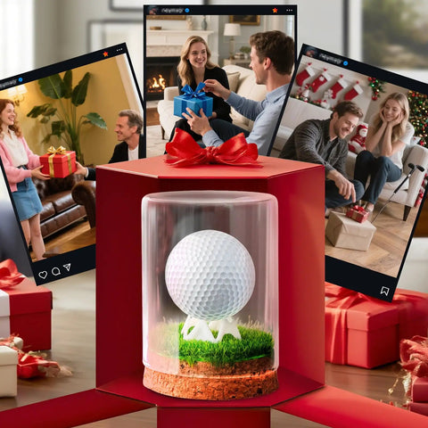 Hole In One Golf Ball Display Case With Crystal Clear Glass Stand, Premium Cork Base, Lifelike Turf, And Plastic Tee gift setup