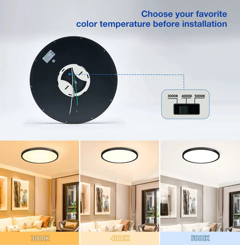 15.8 Inch Black Flush Mount Ceiling Light Dimmable With Three Color Temperature Settings Warm White 3000K Neutral White 4000K Daylight 5000K 24W Low Profile Slick Modern LED Fixture ETL