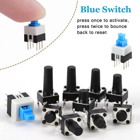 Blue switch from 180 Piece Tactile Push Button Switch Kit With 10 Values Ranging From 6x6mm To 7x7mm shown with other tact switches